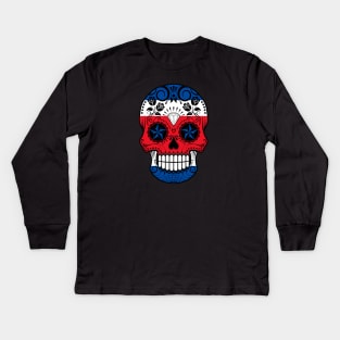 Costa Rican Flag Sugar Skull with Roses Kids Long Sleeve T-Shirt